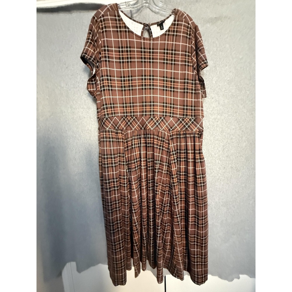 Torrid Dress Womens 3X Brown Plaid Ponte Fit & Flare Midi Short Sleeve Pockets